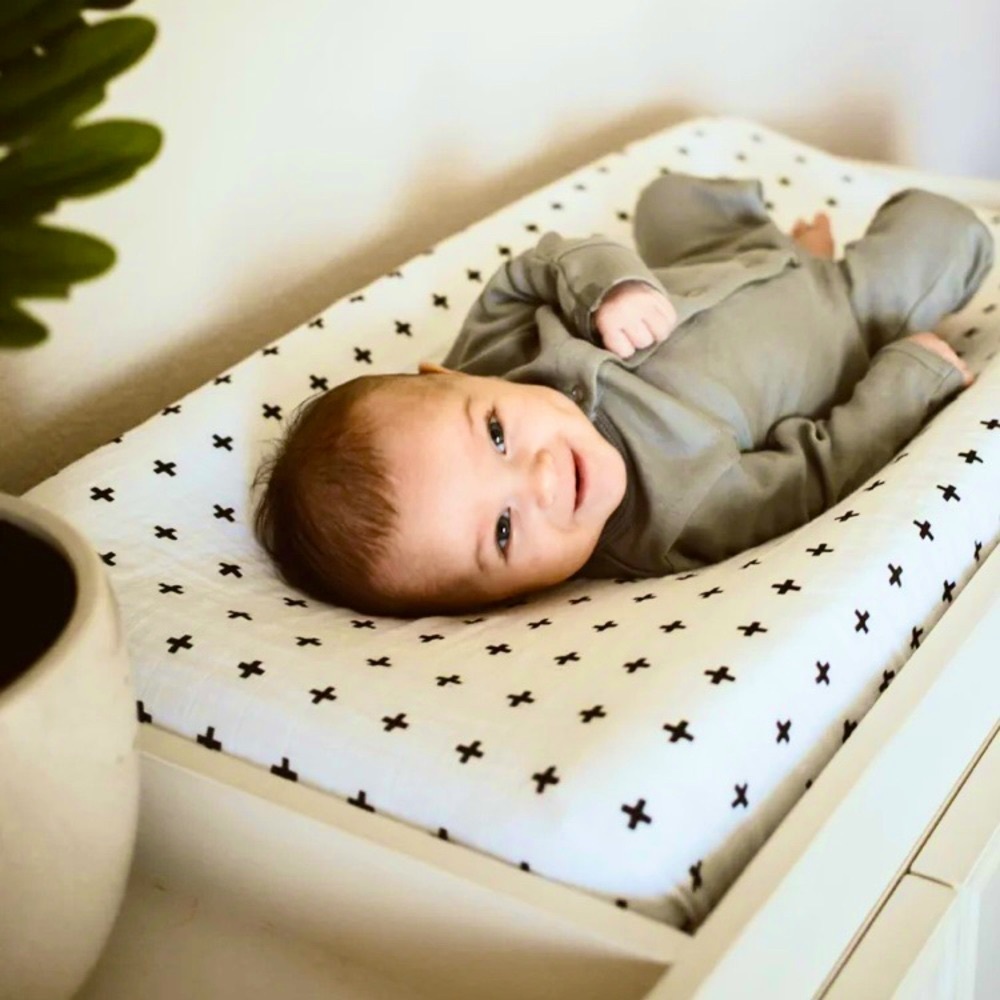 Nursery Textile Set of 3 in Swiss Cross - Crib sheet, Changing Cover + Swaddle